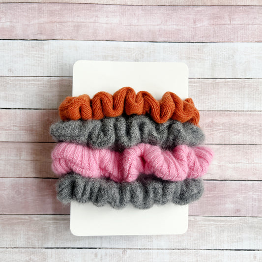 100% cashmere knit jersey or 80/20 cashmere and natural silk scrunchies 