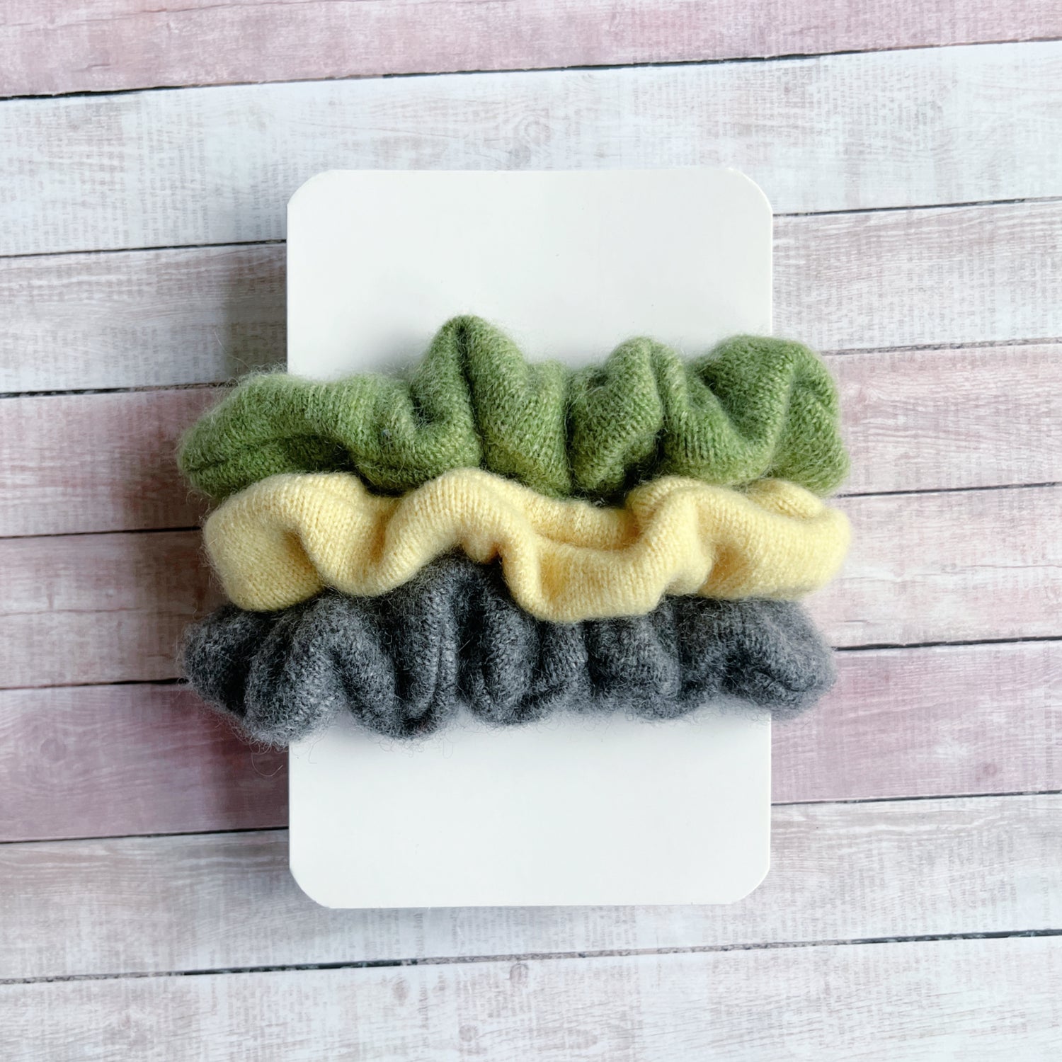 green gray cashmere scrunchies, Made in Canada hair accessories 
