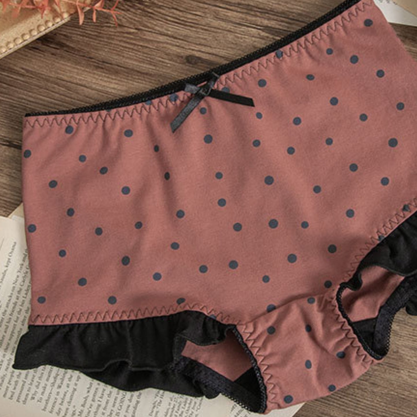 Women's 100% cotton panty briefs, Black polka dot underwear, Frilly cotton panties, Full coverage cotton briefs, White cotton underwear, Olive cotton panty, Mauve cotton briefs, Polka dot and frills design, Comfortable full coverage panties, Stylish cotton underwear.