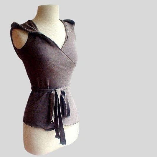 hooded wrap vest for women | Made in Canada organic cotton wrap vest with hood | Econica