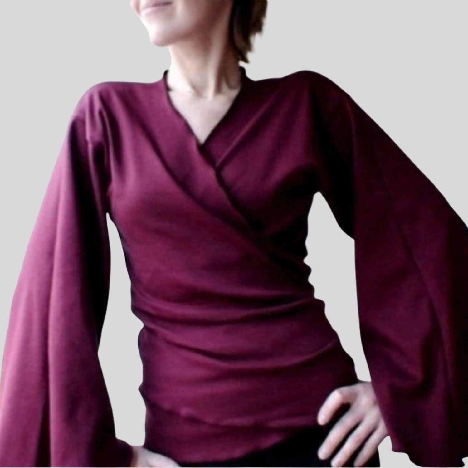 Wine red Shop made in Canada kimono wrap tops | Best kimono sleeve wrap shirts for women | Organic cotton clothing shop Econica