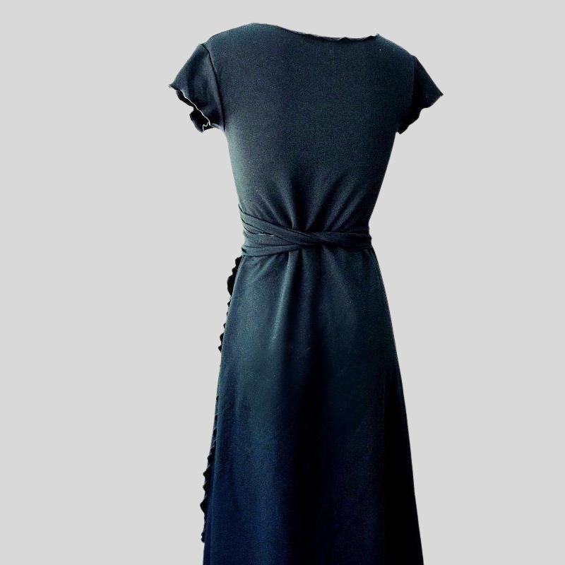 black wrap dress | Buy Women's wrap dress with ruffled hem | Shop Women's dresses made in Canada | Canadian women's clothing shop | Buy long black wrap dress
